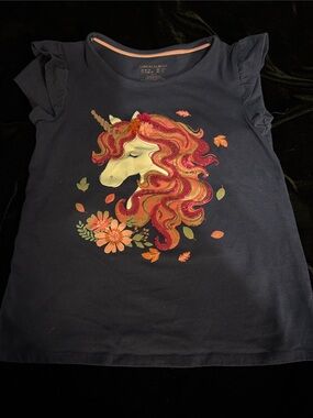 Girls Navy Unicorn Graphic Tee with Coral-Pink Mane